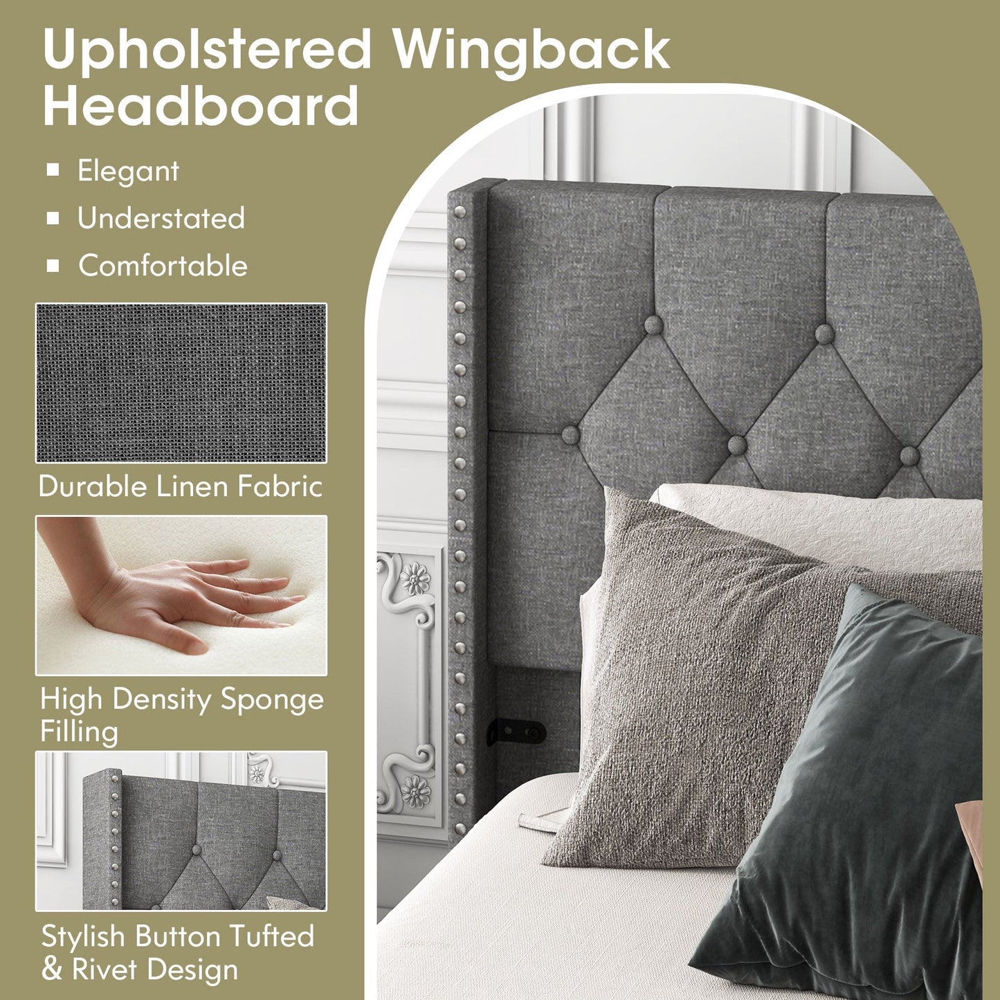 Full/Queen Size Upholstered Platform Bed with Button Tufted Headboard
