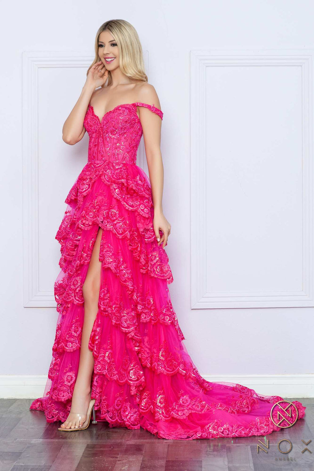 Nox Anabel R1299 Long Off the Shoulder Tiered Skirt A-Line Formal Gown