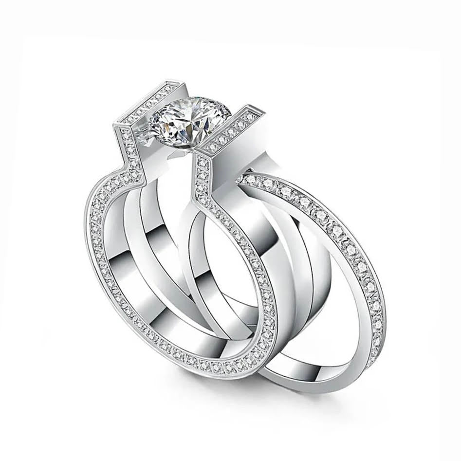 RG108W-111W B.Tiff 2ct Round Solitaire Interlocking Engagement Ring & Eternity Band Set
