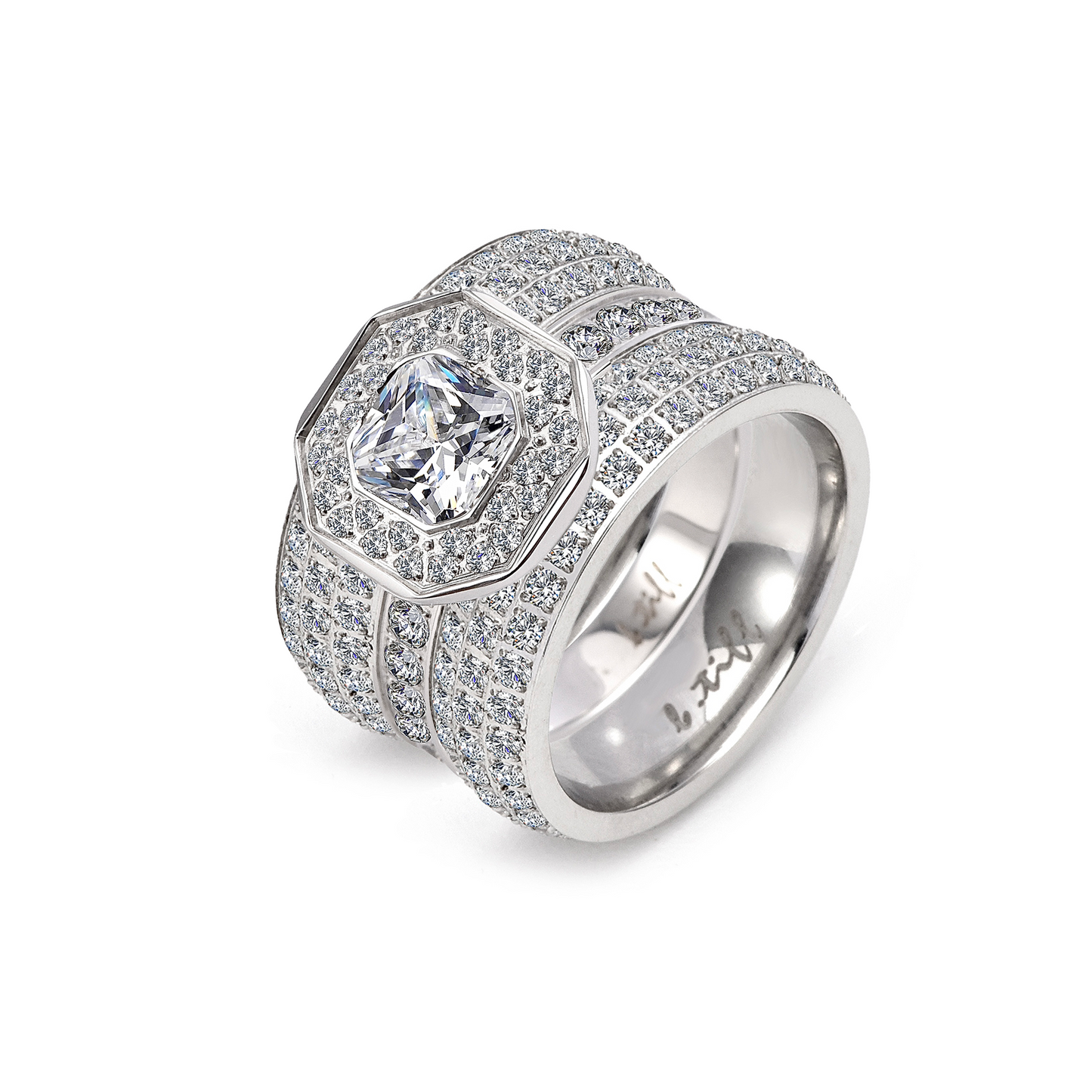 B.Tiff Aŭreolo II 1 ct Cushion Cut Halo Engagement Ring & Three-Row Eternity Band Set