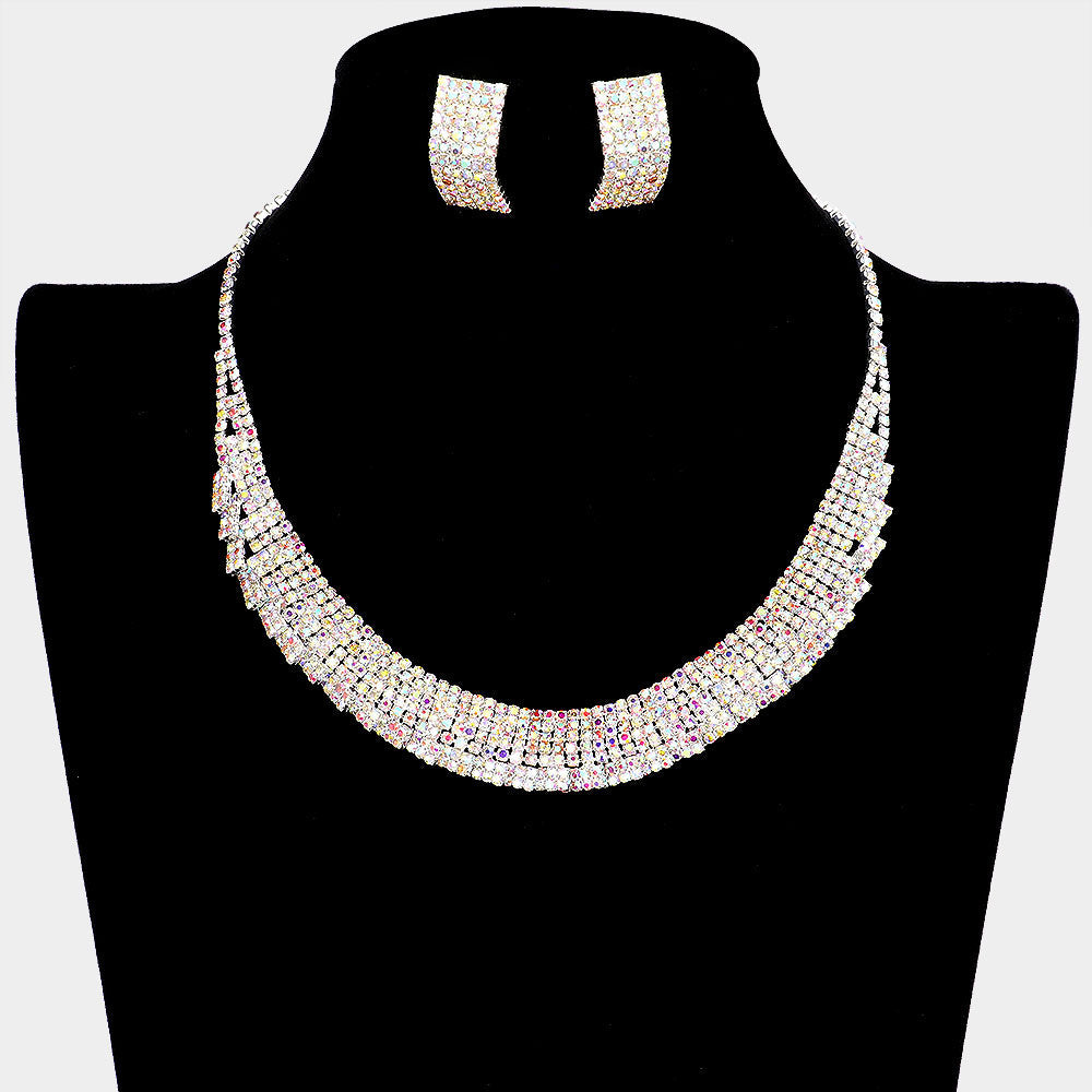 Crystal Rhinestone Pave Collar Necklace Clip on Earring Set