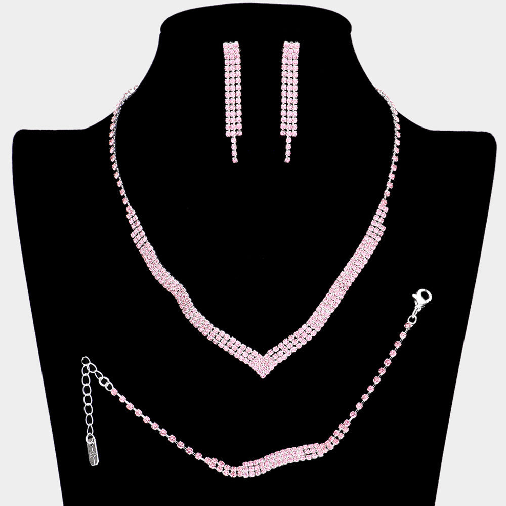3PCS 3Rows Crystal Rhinestone Necklace Jewelry Set