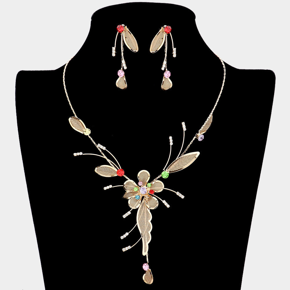 Crystal Detail Metal Mesh Flower Vine Necklace