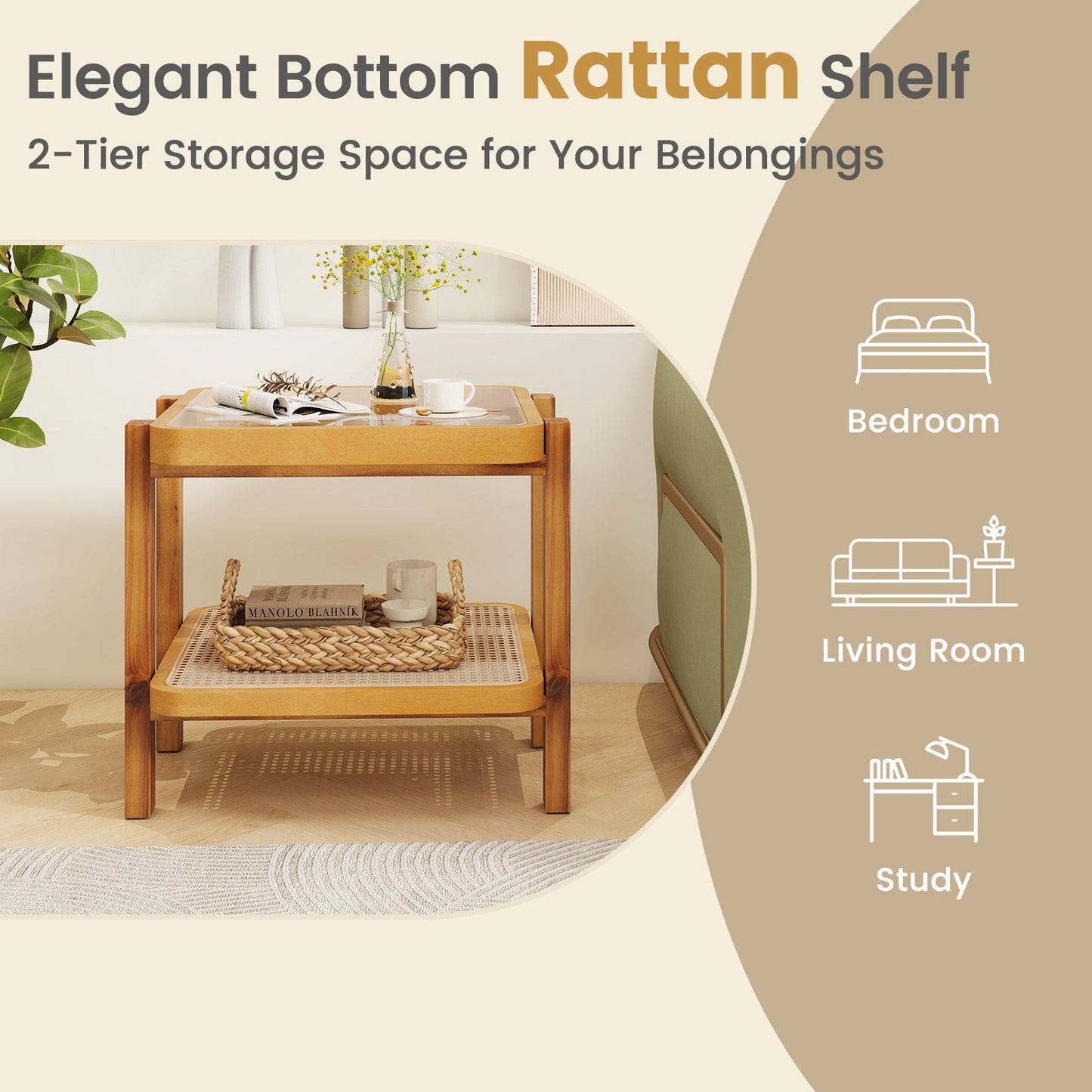 Rattan 2-Tier End Side Table with Tempered Glass Top Acacia Wood Legs-Brown