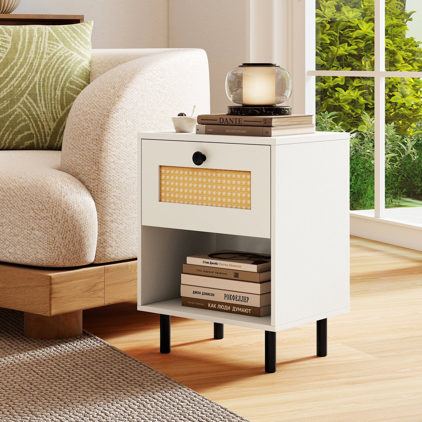 Rattan Nightstand Boho End Table with Rattan Drawer and Open Shelf Set of 2