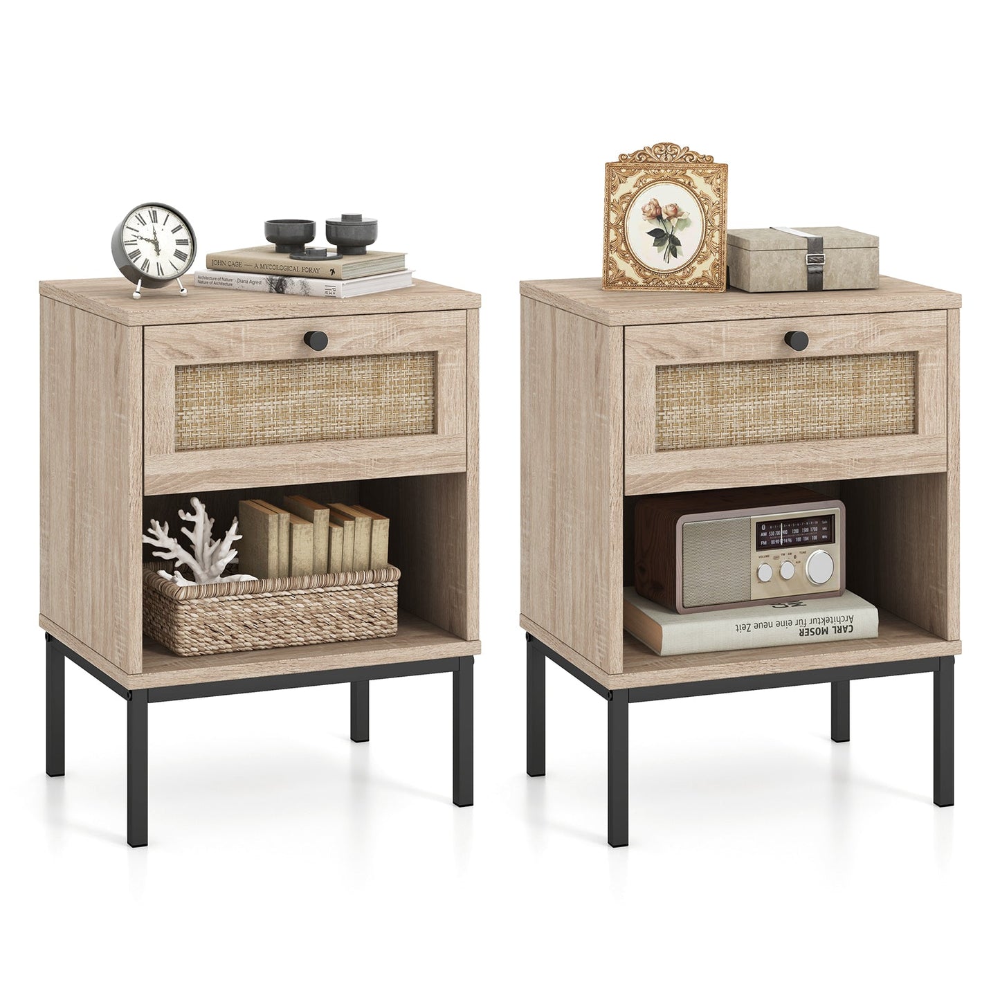 Rattan Nightstand Boho End Table with Rattan Drawer and Open Shelf Set of 2