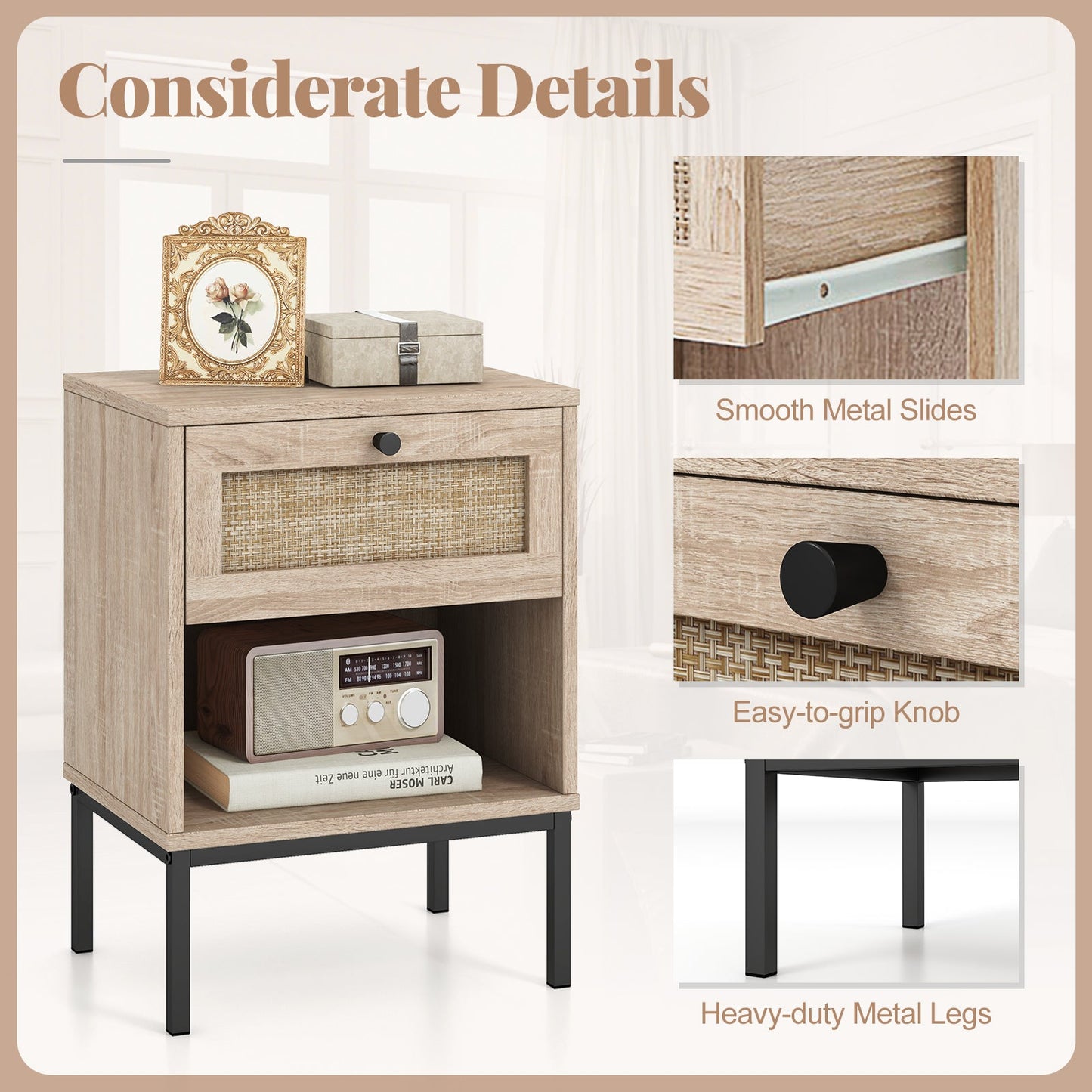 Rattan Nightstand Boho End Table with Rattan Drawer and Open Shelf Set of 2