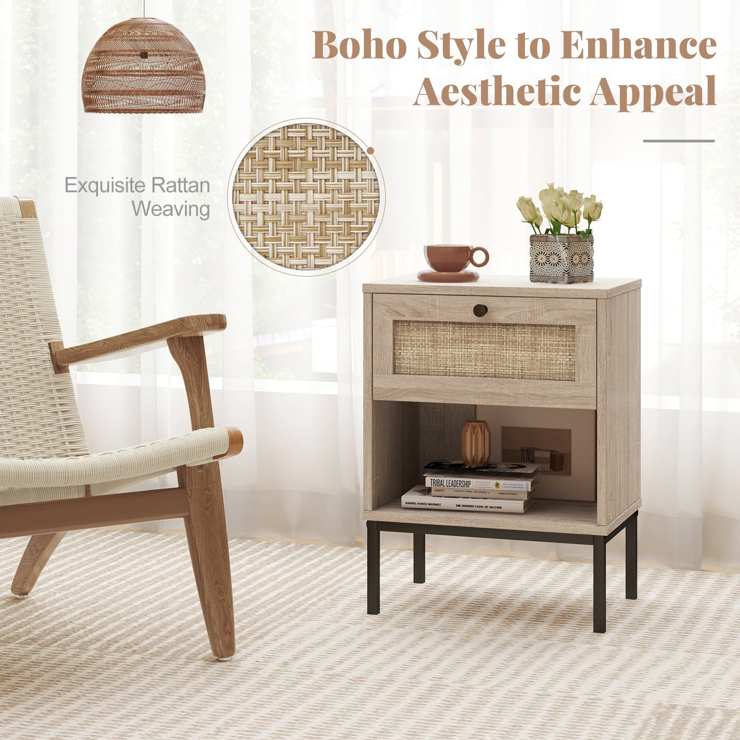 Rattan Nightstand Boho End Table with Rattan Drawer and Open Shelf Set of 2
