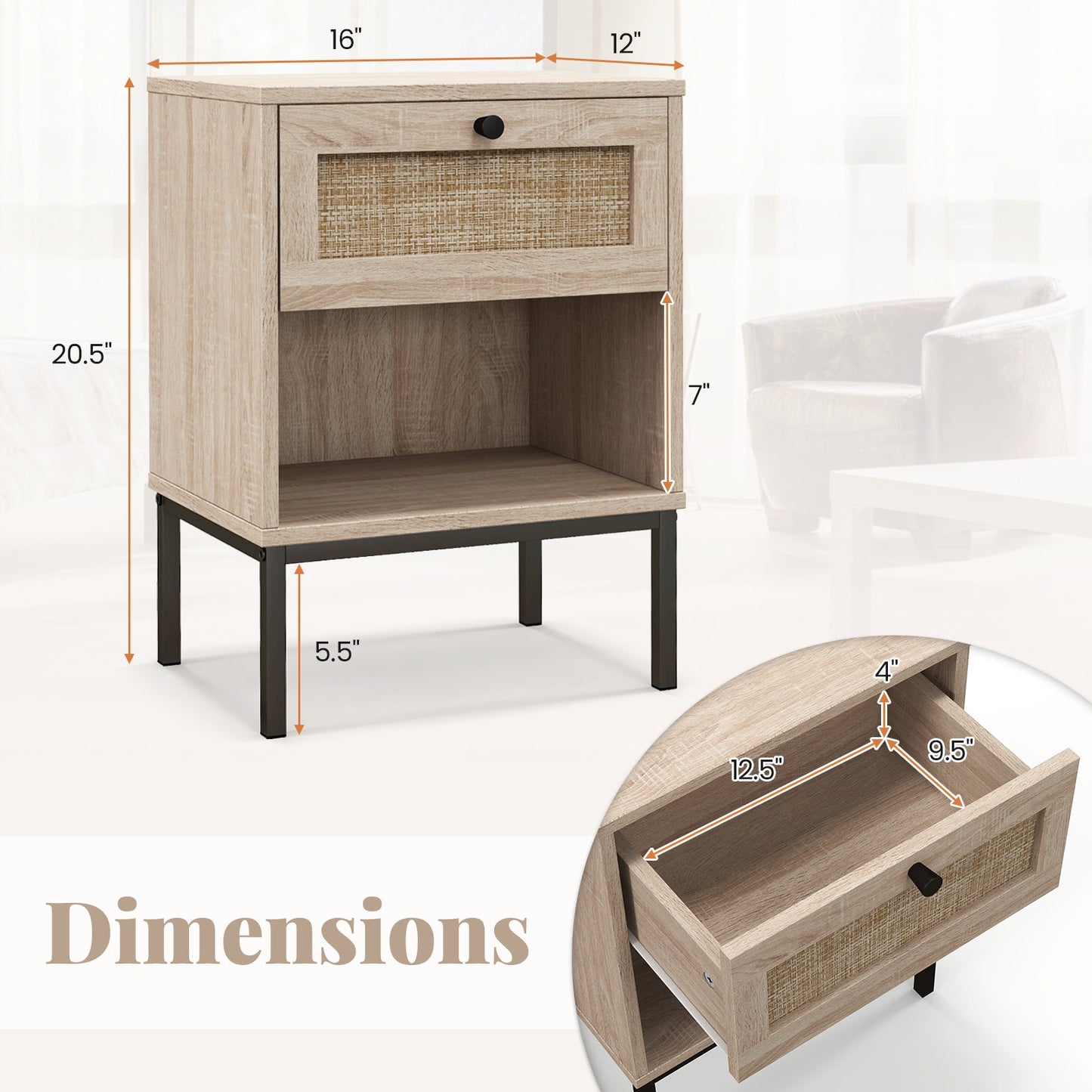 Rattan Nightstand Boho End Table with Rattan Drawer and Open Shelf Set of 2