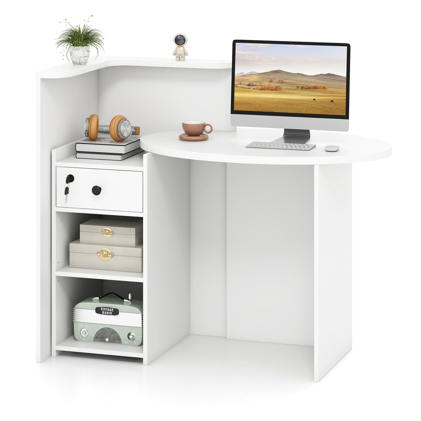 Front Reception Office Desk with Open Shelf and Lockable Drawer