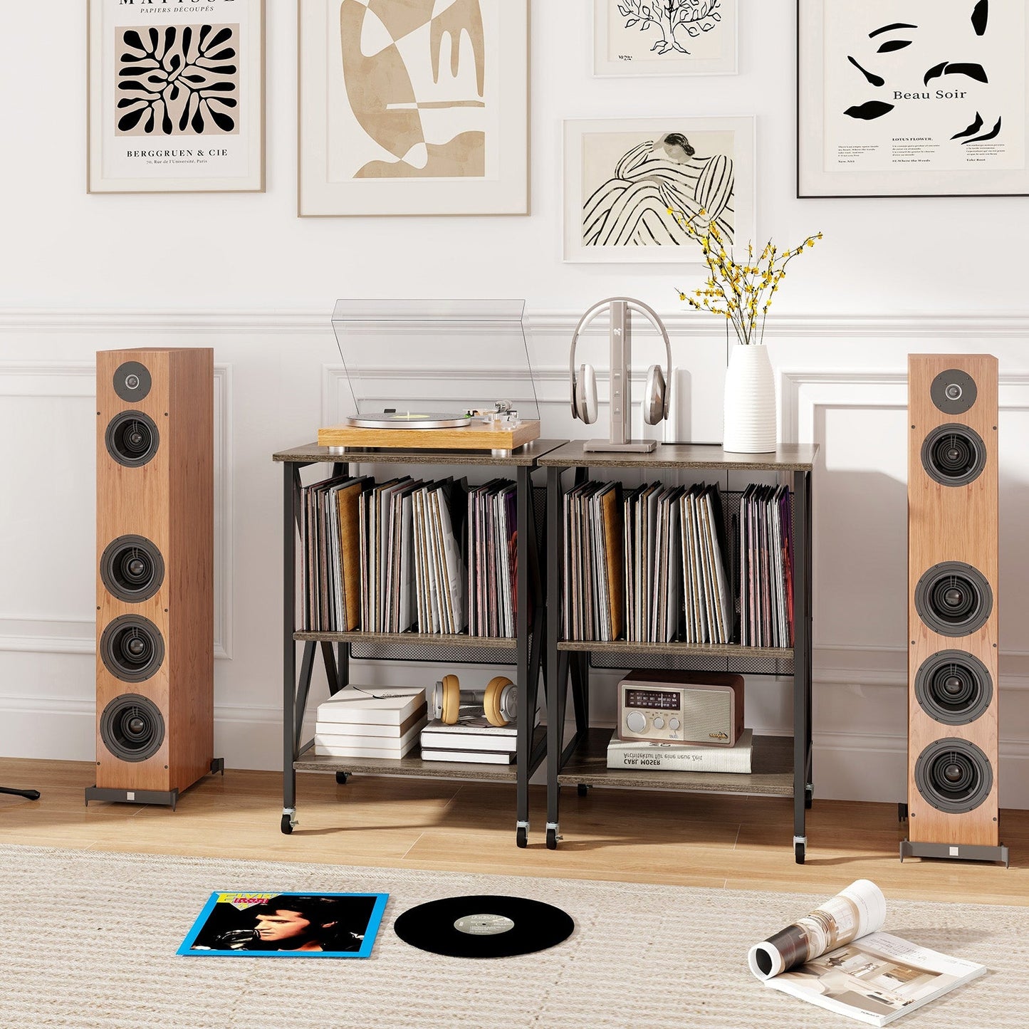 Mid-Century Record Player Stand with Built-in Charging Station