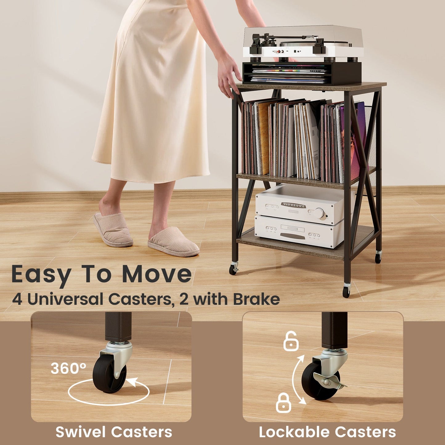 Mid-Century Record Player Stand with Built-in Charging Station