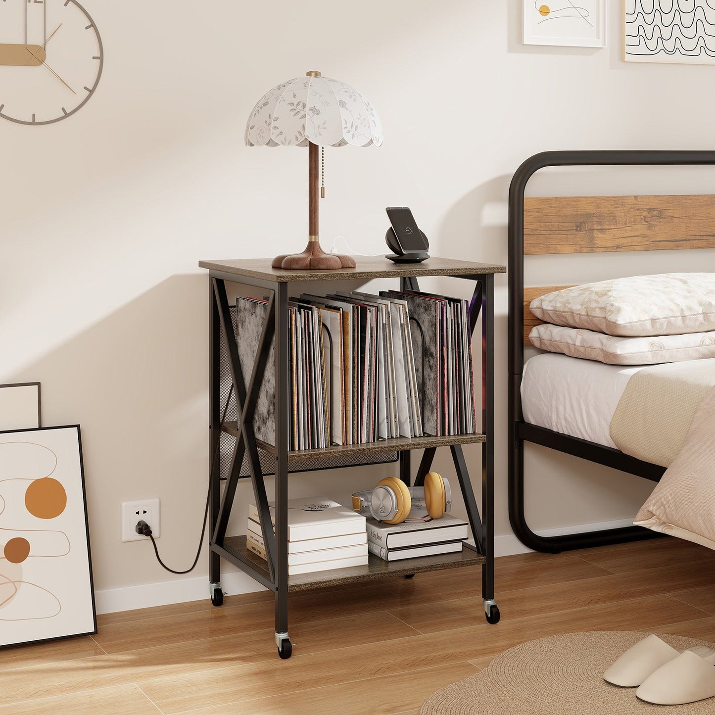 Mid-Century Record Player Stand with Built-in Charging Station