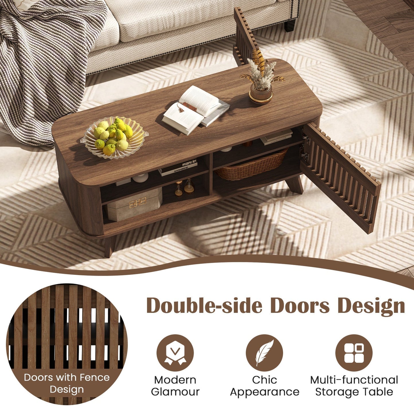 Rectangular Coffee Table with Storage and Adjustable Shelves-Walnut
