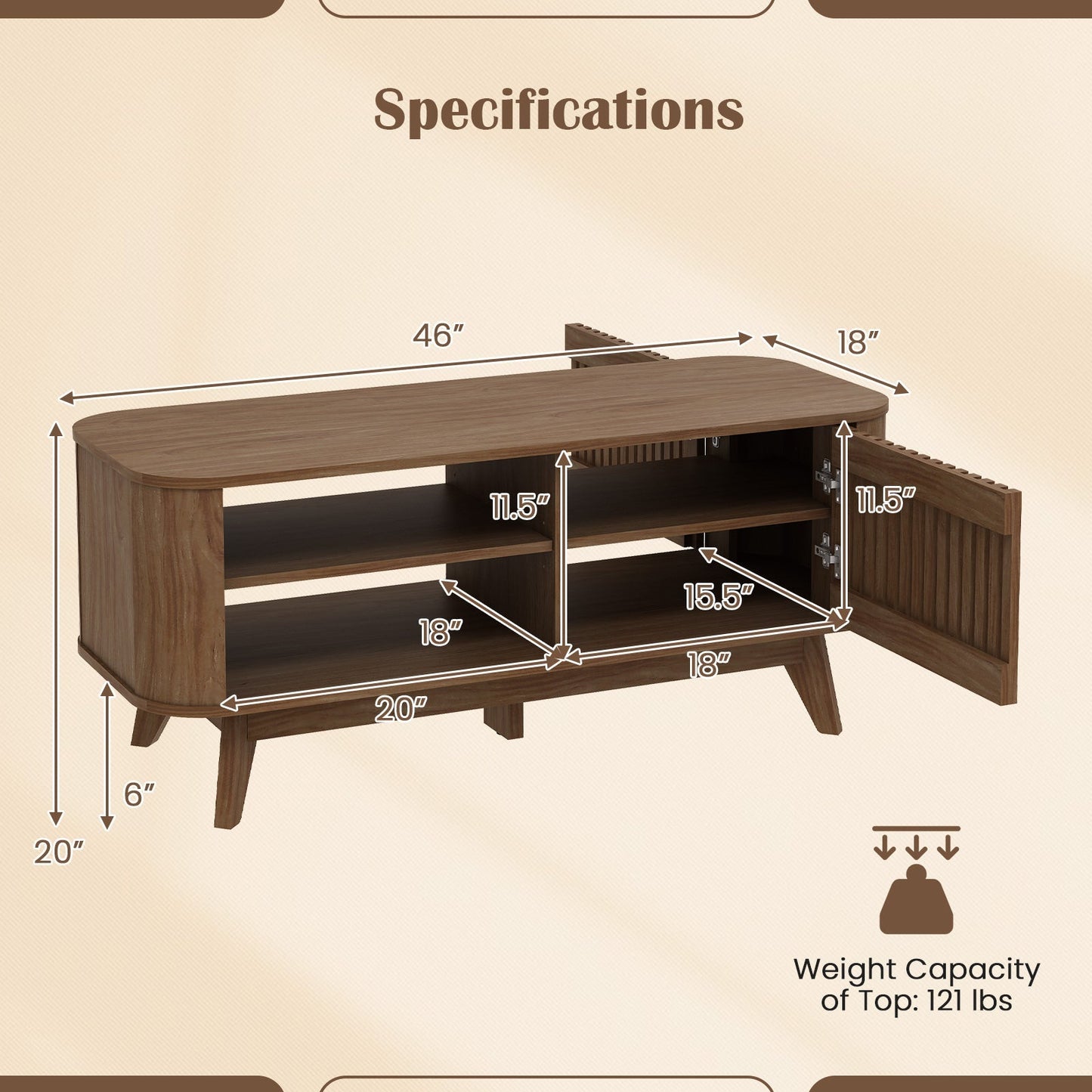 Rectangular Coffee Table with Storage and Adjustable Shelves-Walnut