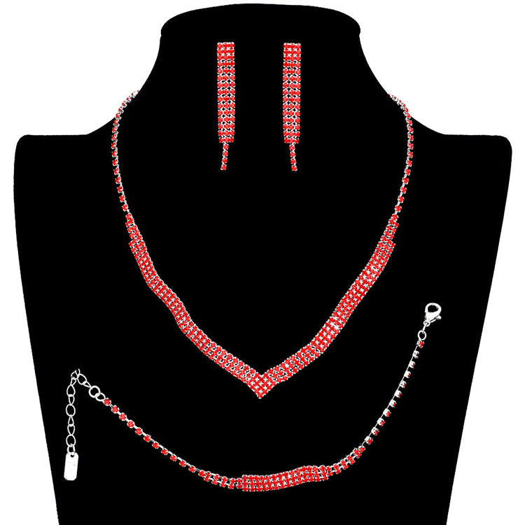 3PCS 3Rows Crystal Rhinestone Necklace Jewelry Set