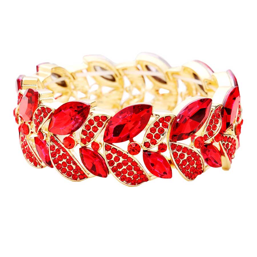 Rhinestone Pave Marquise Stone Leaf Stretch Evening Bracelet