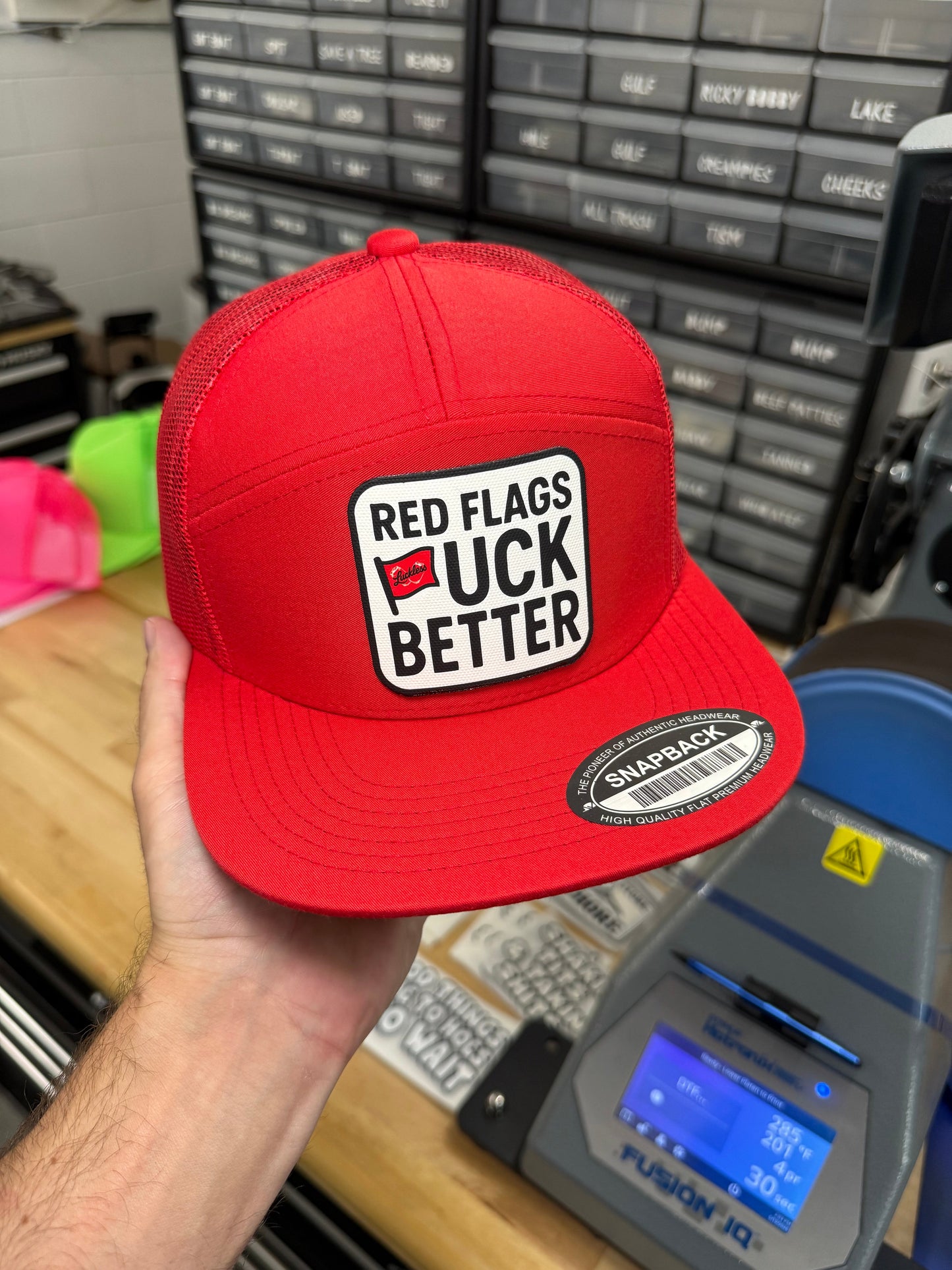 Red Flags Fuck Better | 7 Panel Canvas Patch Hat