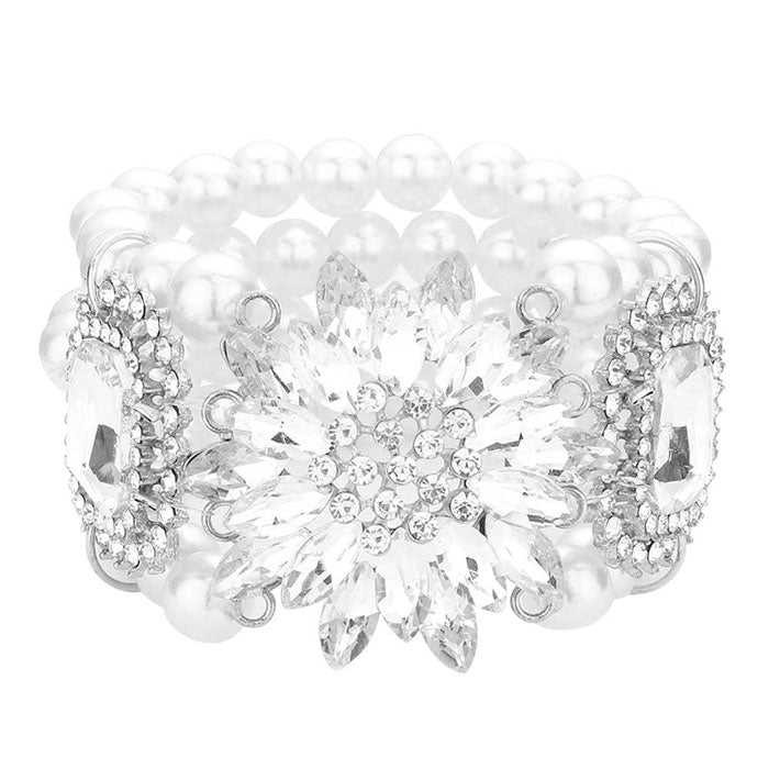 Flower Stone Embellished Pearl Stretch Bracelet