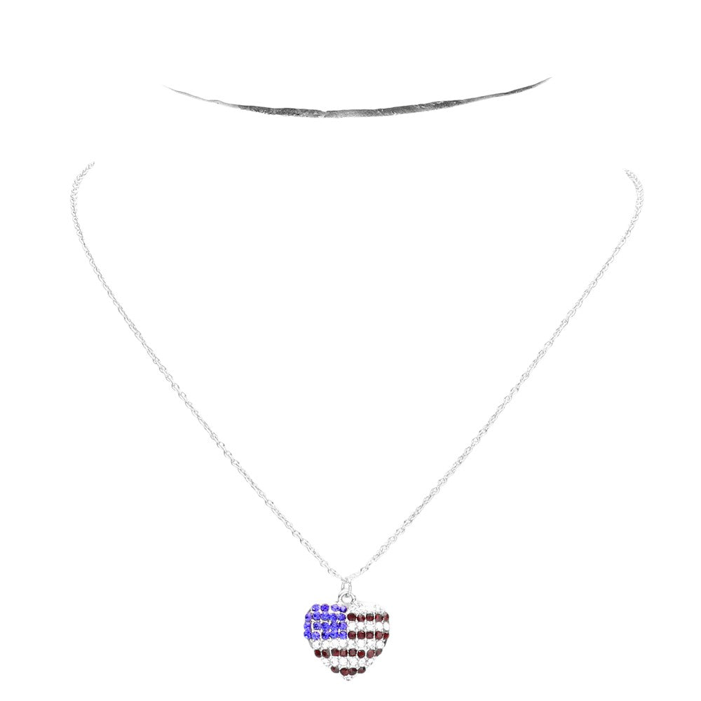 Rhinestone Embellished American USA Flag Pendant Necklace