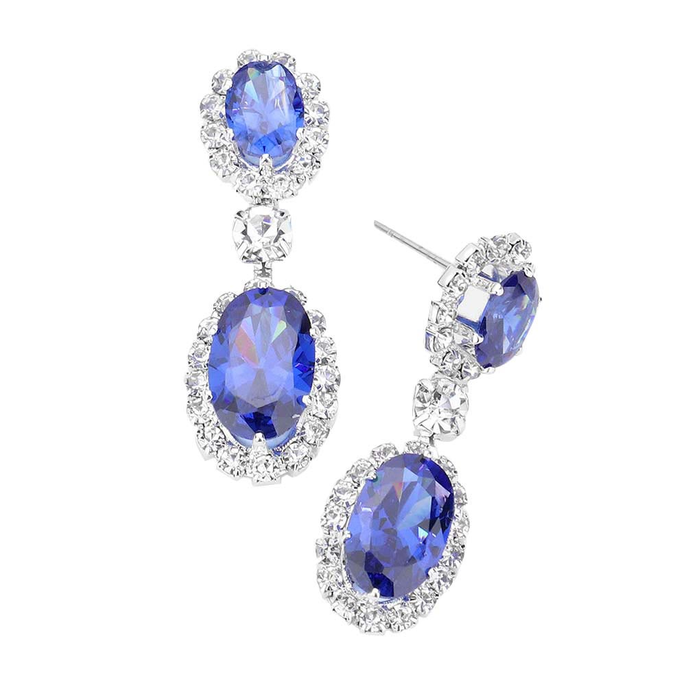 CZ Double Oval Accented Dangle Evening Earrings