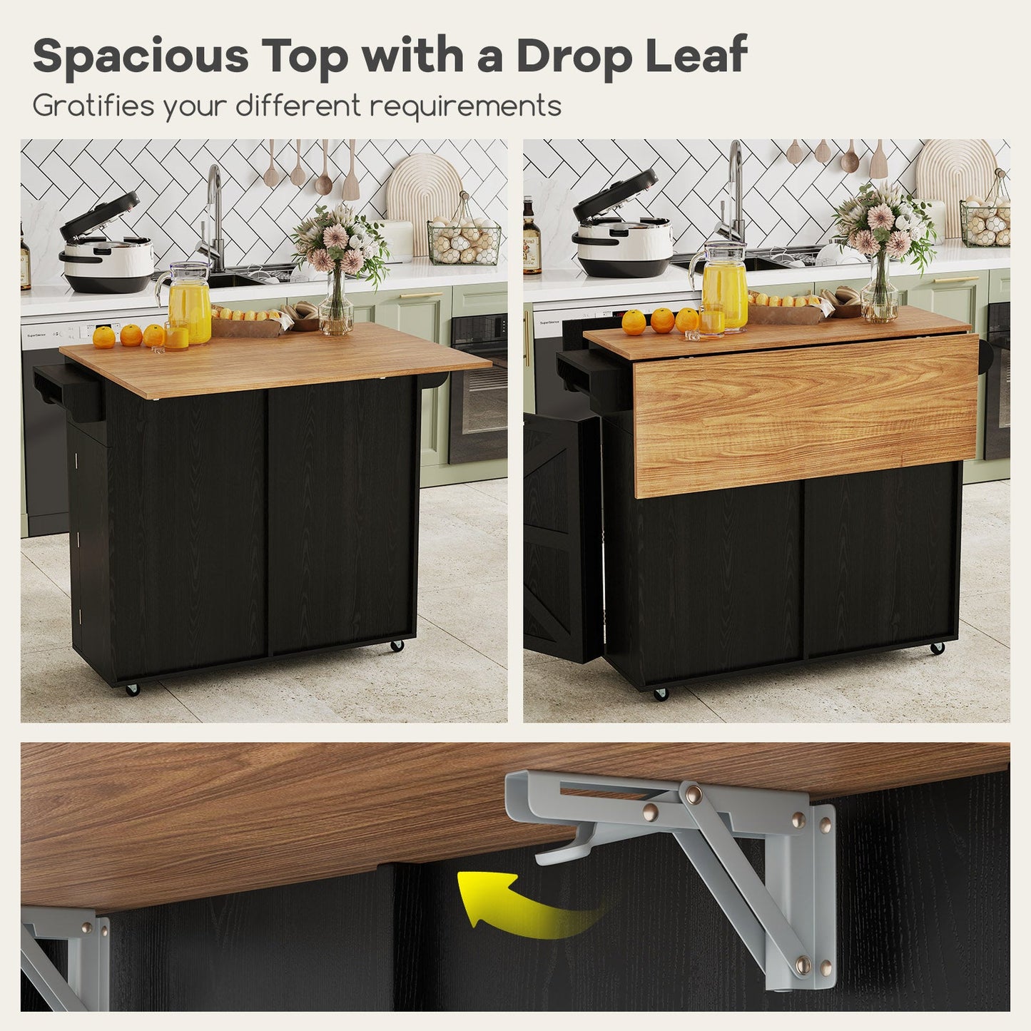 Rolling Kitchen Island with Trash Can Cabinet and Rubber Universal Wheels