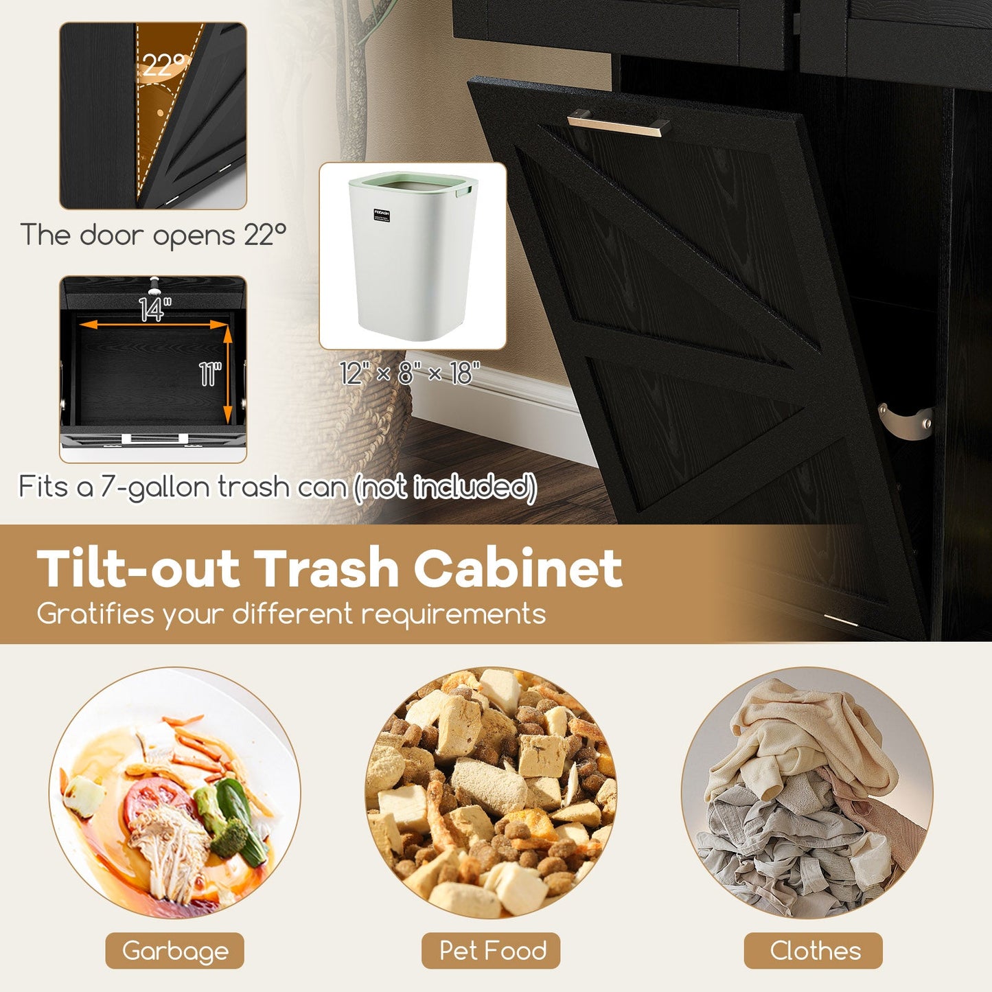 Rolling Kitchen Island with Trash Can Cabinet and Rubber Universal Wheels