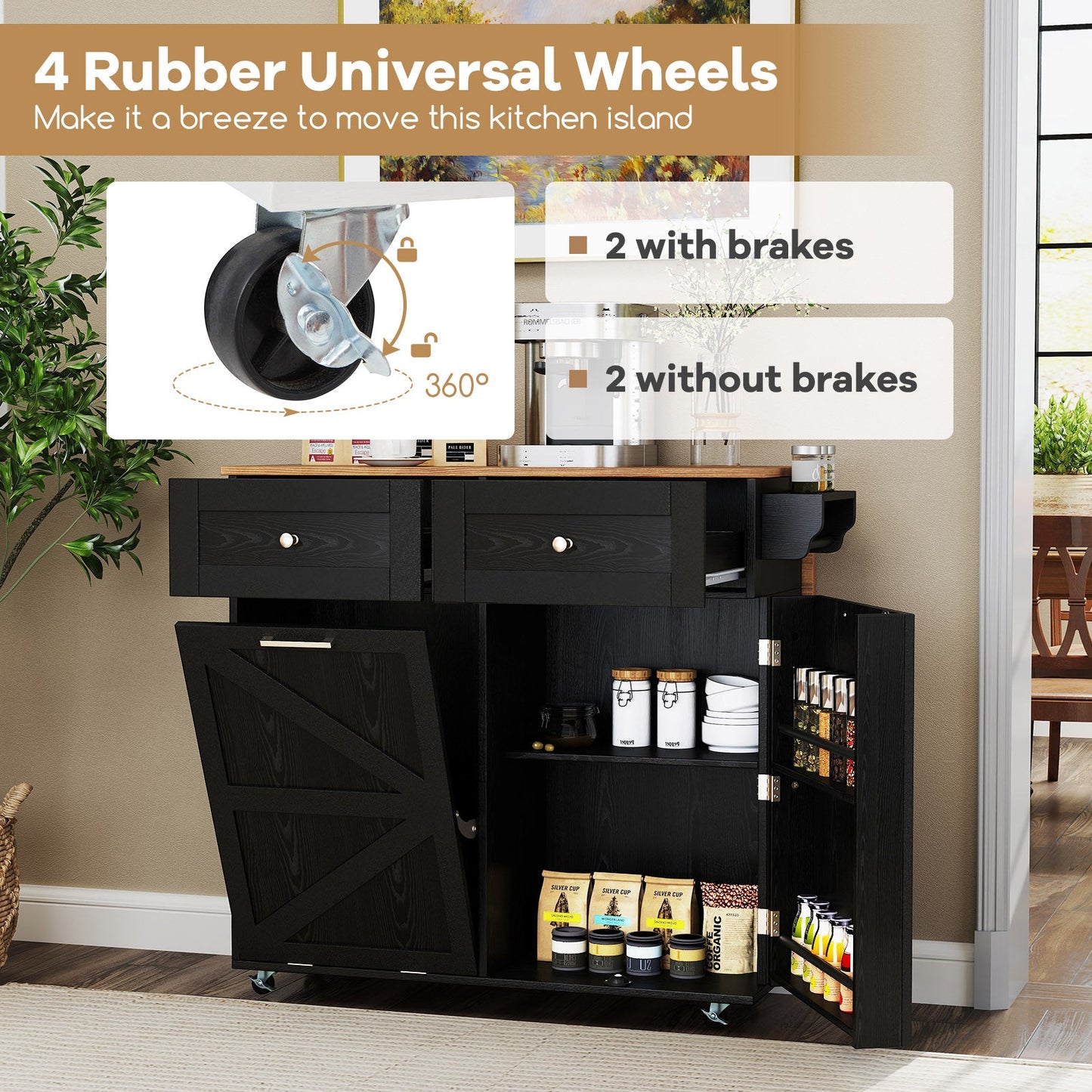 Rolling Kitchen Island with Trash Can Cabinet and Rubber Universal Wheels