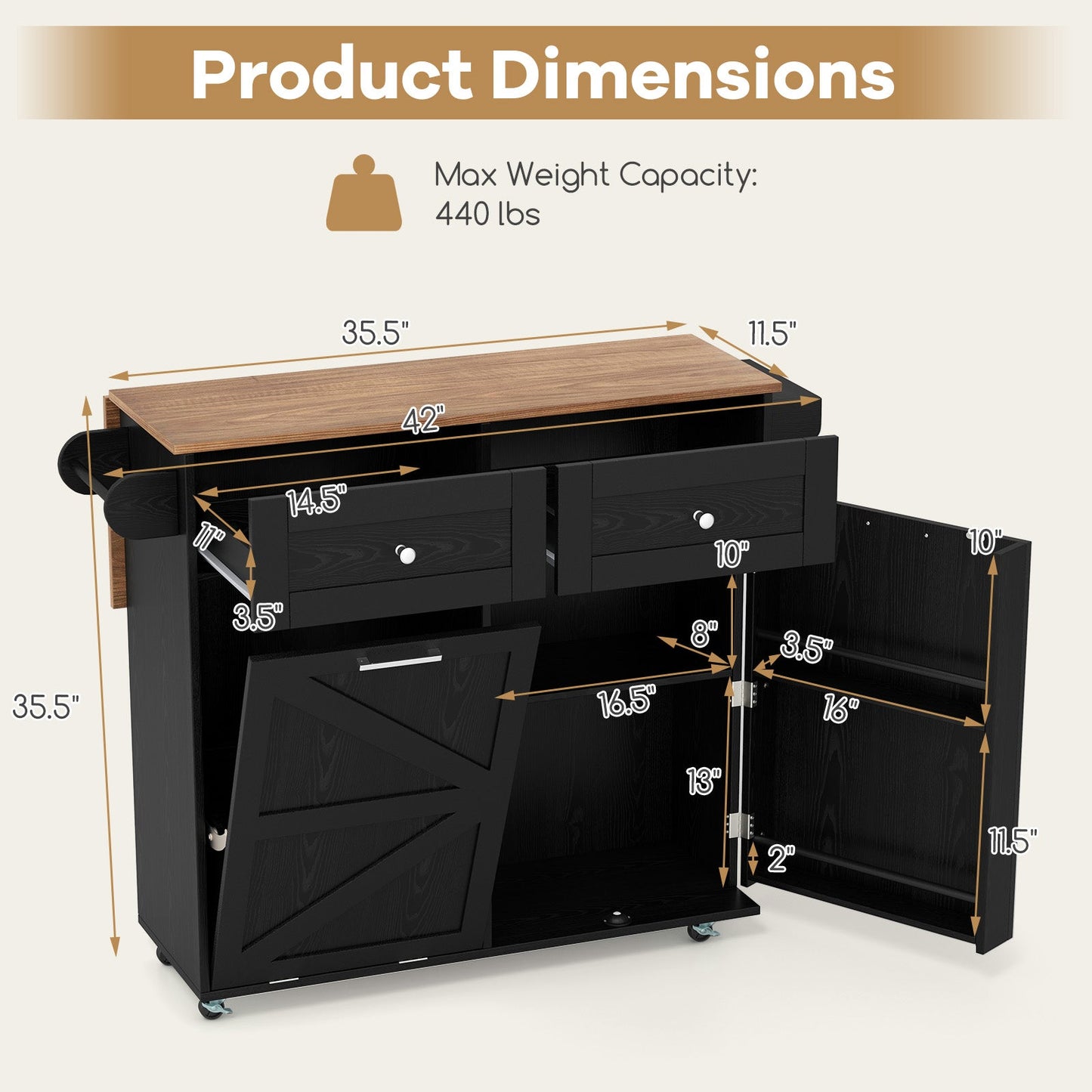 Rolling Kitchen Island with Trash Can Cabinet and Rubber Universal Wheels