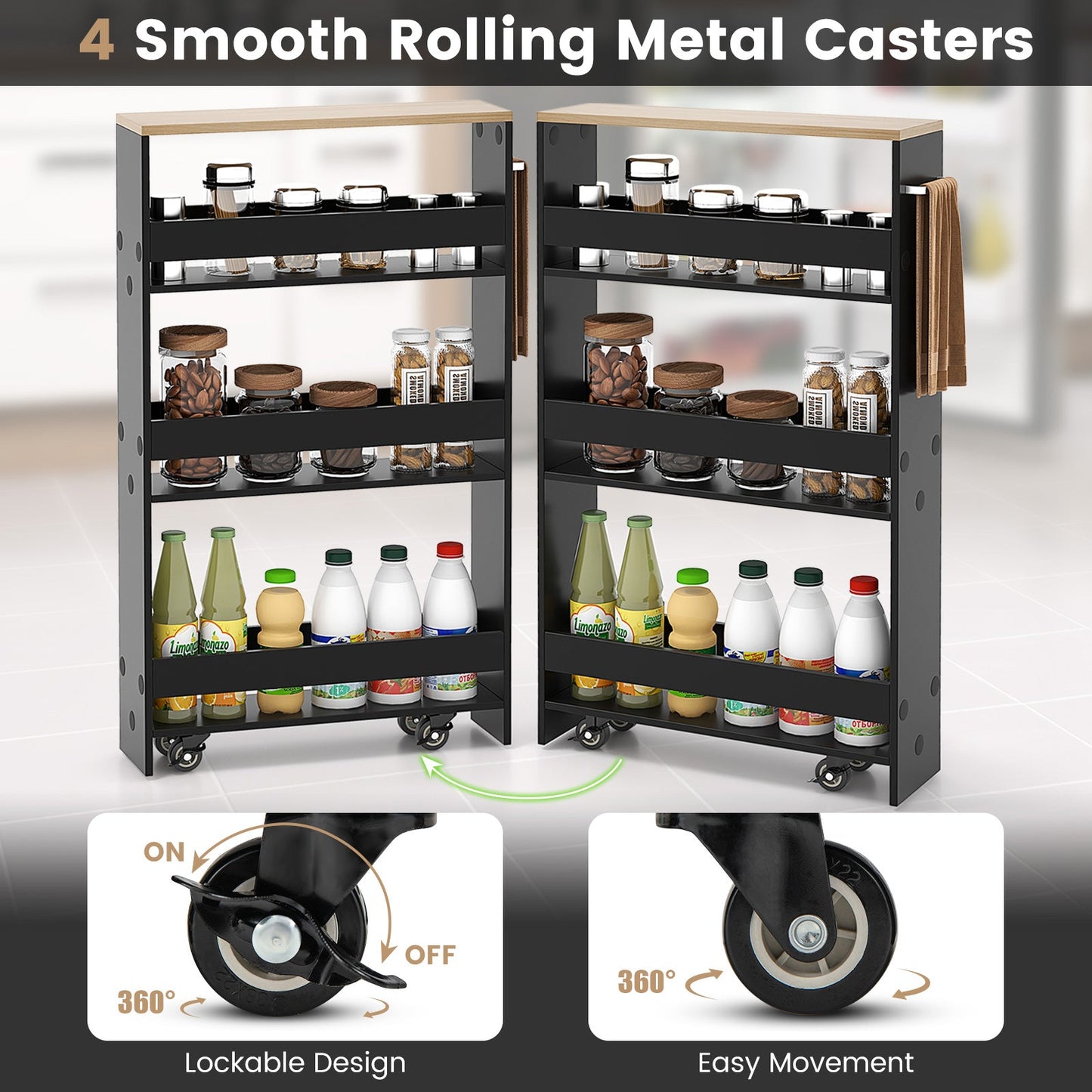 Rolling Kitchen Slim Storage Cart Mobile Shelving Organizer with Handle