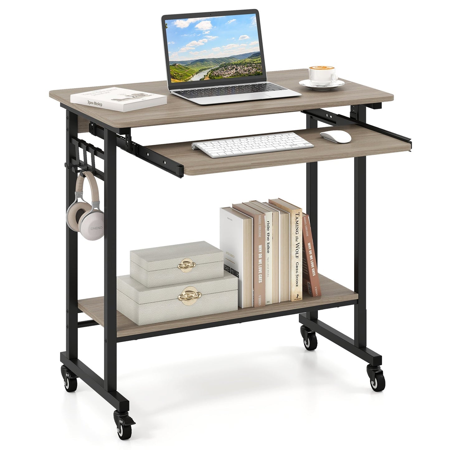 Rolling Laptop Table with Pull-out Keyboard Tray and Hooks