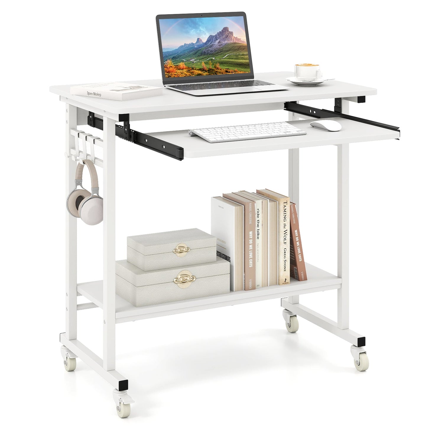 Rolling Laptop Table with Pull-out Keyboard Tray and Hooks