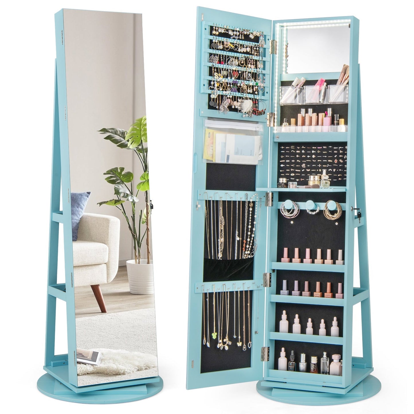 360° Rotating Mirrored Jewelry Cabinet Armoire 3 Color LED Modes Lockable