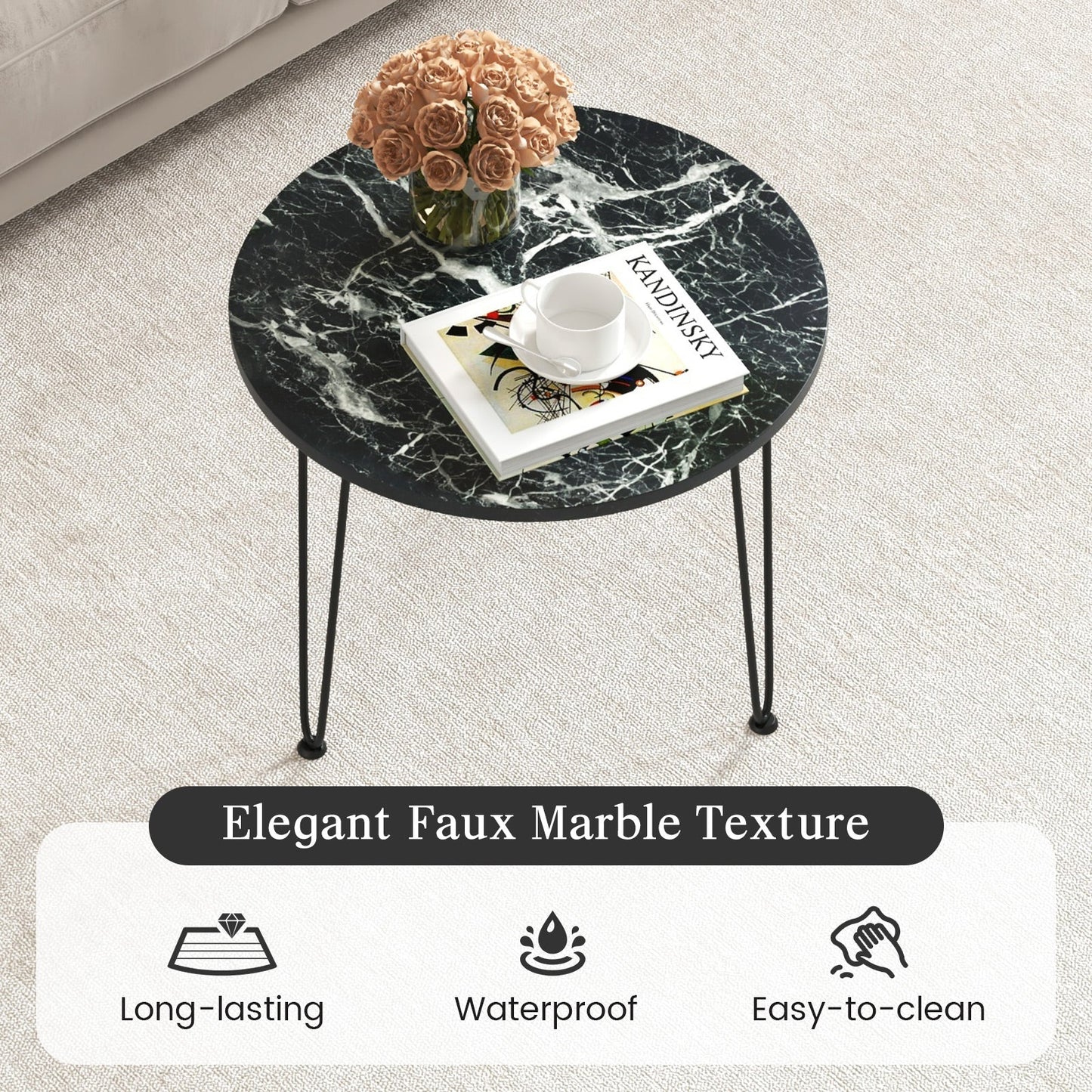 Round Coffee Table with Thickened Tabletop and Metal Tripod Legs