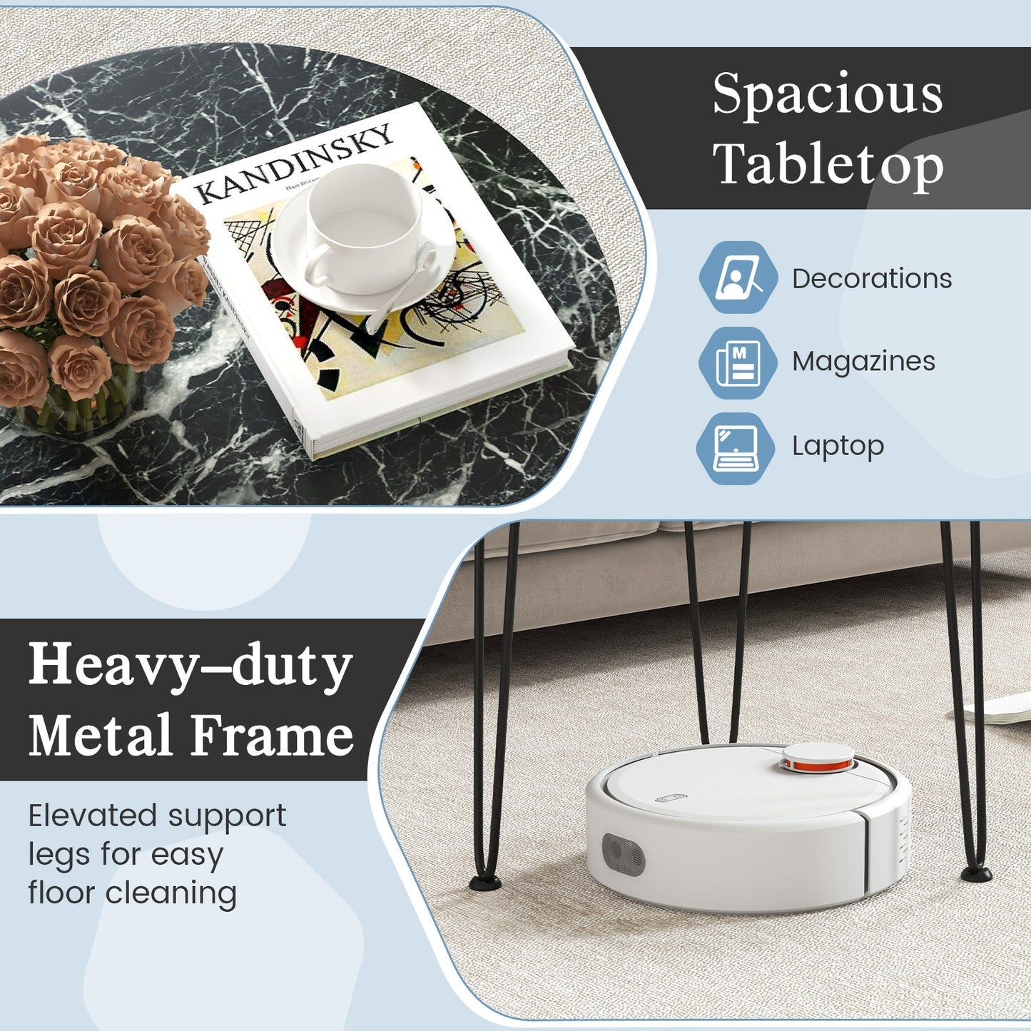 Round Coffee Table with Thickened Tabletop and Metal Tripod Legs