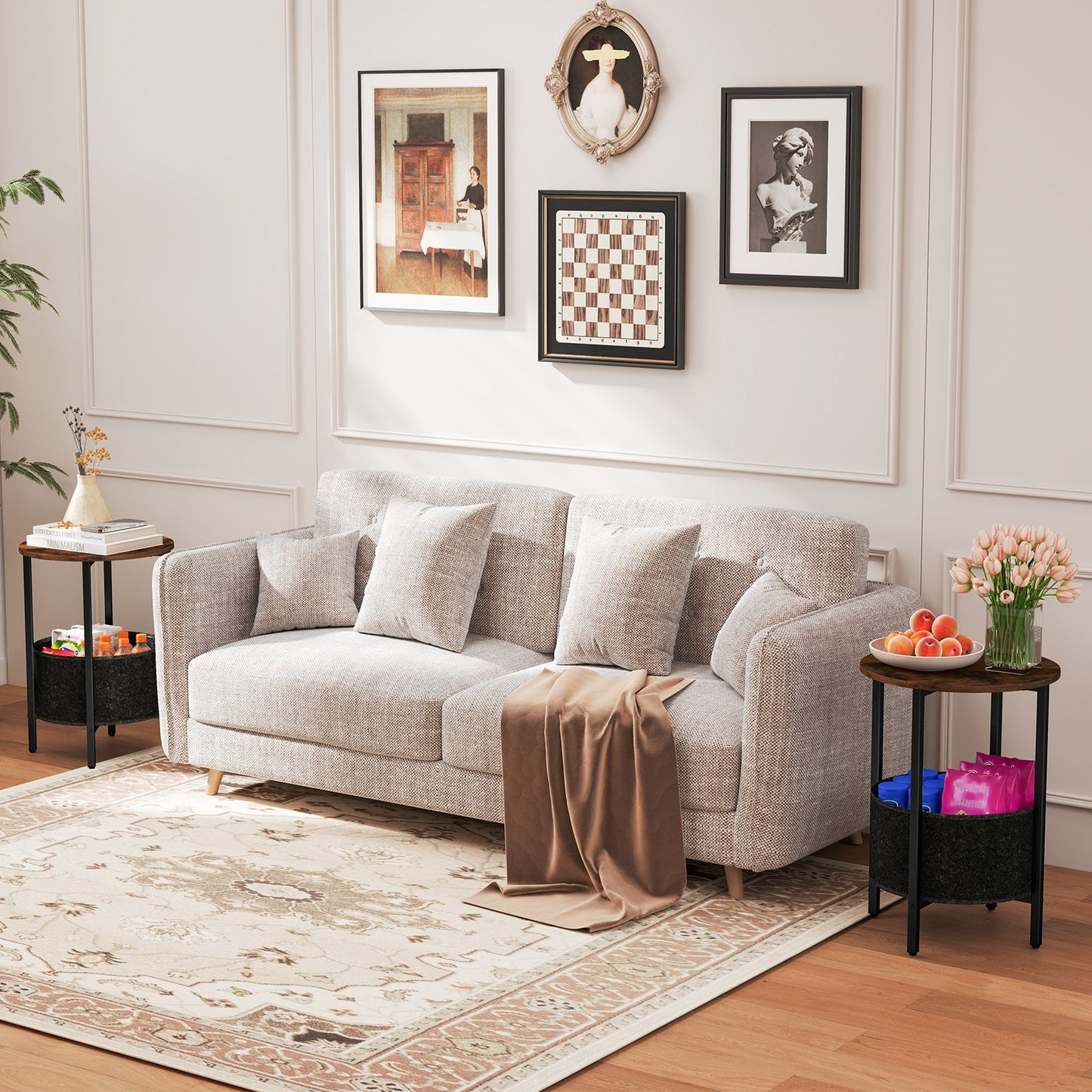 Round End Table 2-Tier Side Table with Removable Fabric Basket and Metal Frame