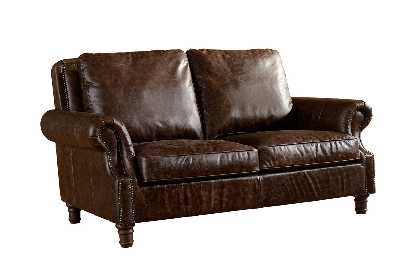 English Rolled Arm Love Seat - Dark Brown Leather