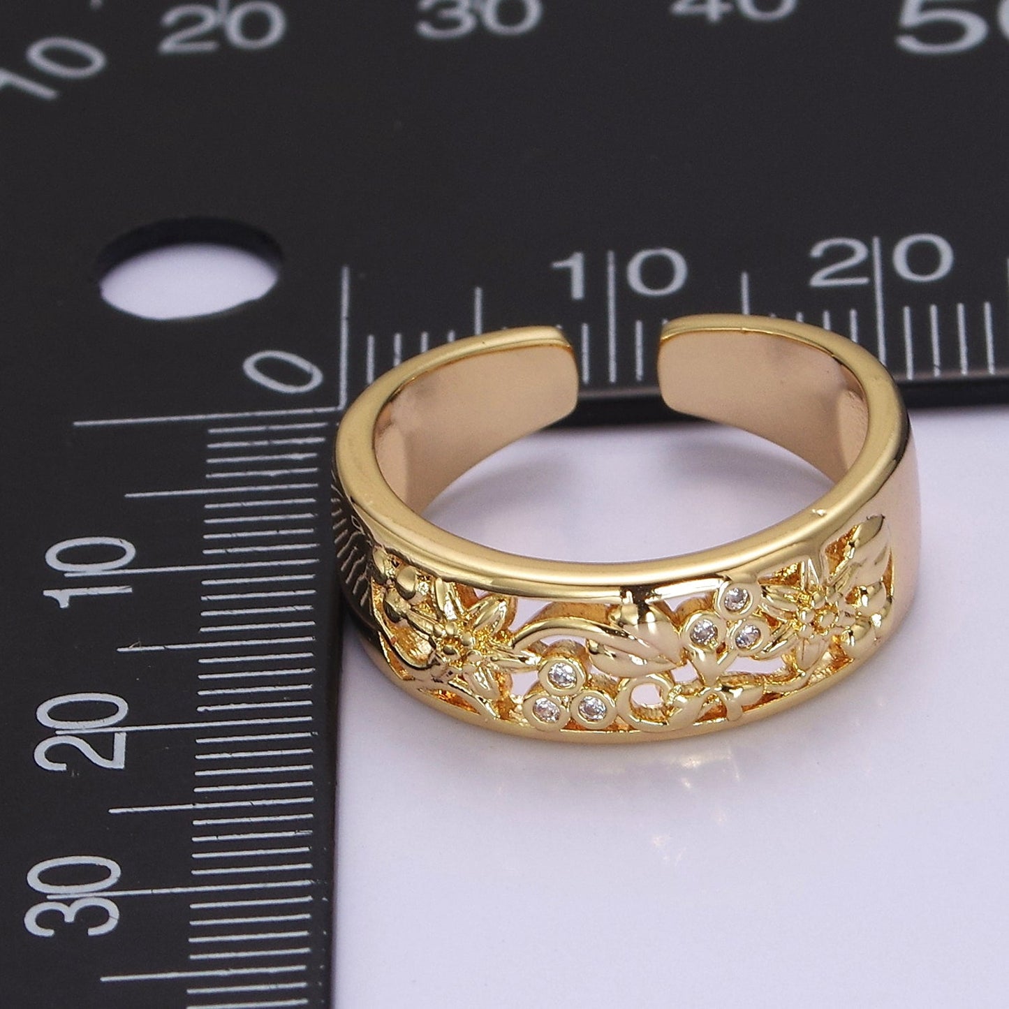 Dainty Art Deco Ring Flower Carved Design 18k Gold Filled Open Adjustable Ring O-2078