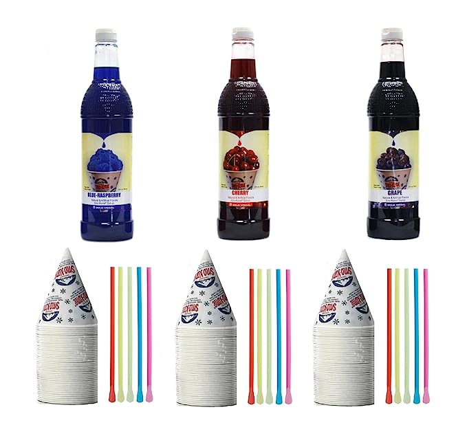 Kit de cônes de neige - Lot de bouteilles de sirop, pailles-cuillères, gobelets - Fournitures pour cônes de neige pour copeaux de glace, sodas et plus
