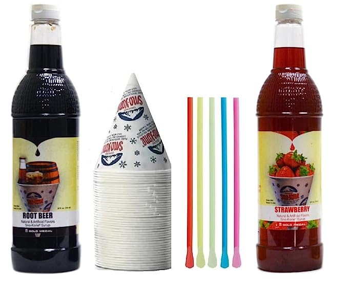 Kit de cônes de neige - Lot de bouteilles de sirop, pailles-cuillères, gobelets - Fournitures pour cônes de neige pour copeaux de glace, sodas et plus