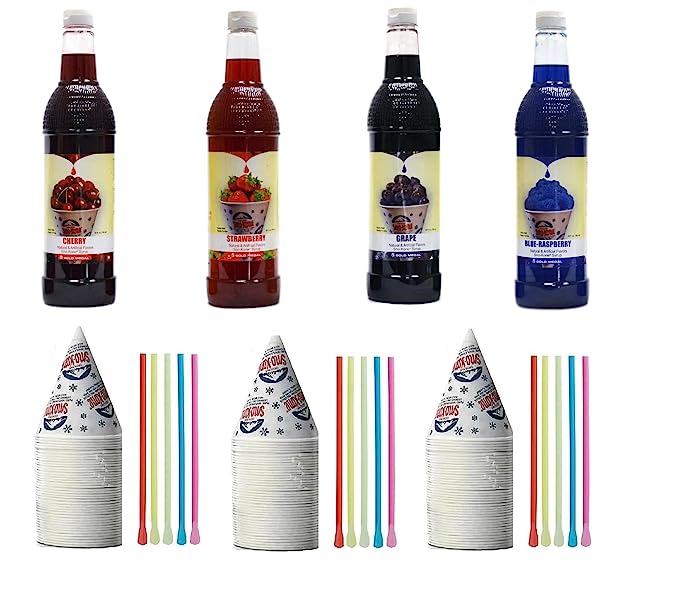 Kit de cônes de neige - Lot de bouteilles de sirop, pailles-cuillères, gobelets - Fournitures pour cônes de neige pour copeaux de glace, sodas et plus