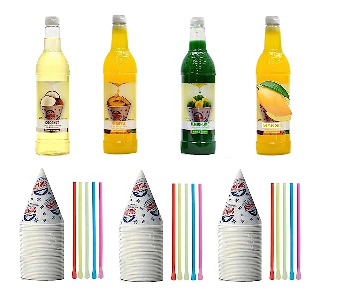 Kit de cônes de neige - Lot de bouteilles de sirop, pailles-cuillères, gobelets - Fournitures pour cônes de neige pour copeaux de glace, sodas et plus