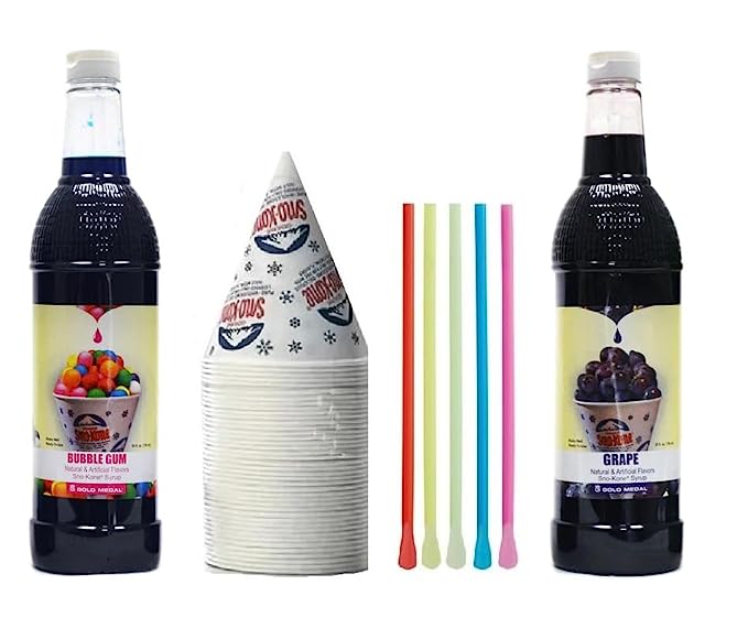 Kit de cônes de neige - Lot de bouteilles de sirop, pailles-cuillères, gobelets - Fournitures pour cônes de neige pour copeaux de glace, sodas et plus