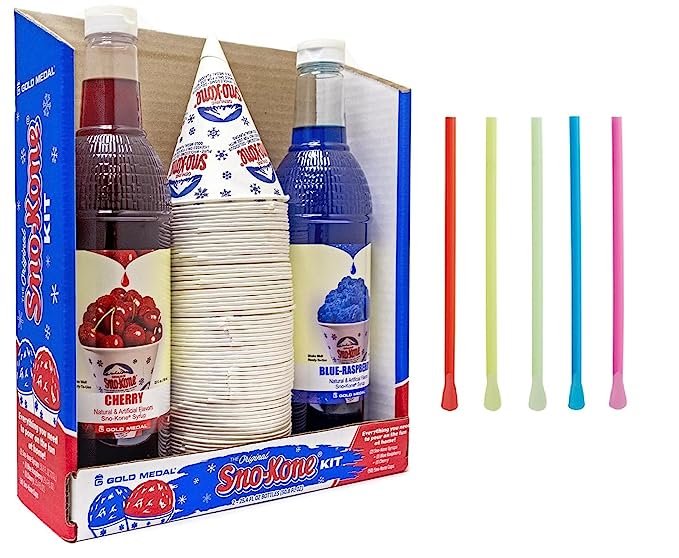 Kit de cônes de neige - Lot de bouteilles de sirop, pailles-cuillères, gobelets - Fournitures pour cônes de neige pour copeaux de glace, sodas et plus