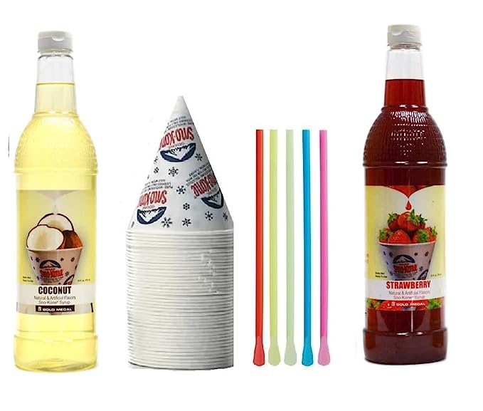 Kit de cônes de neige - Lot de bouteilles de sirop, pailles-cuillères, gobelets - Fournitures pour cônes de neige pour copeaux de glace, sodas et plus