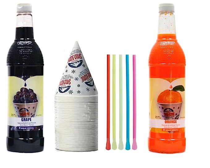 Kit de cônes de neige - Lot de bouteilles de sirop, pailles-cuillères, gobelets - Fournitures pour cônes de neige pour copeaux de glace, sodas et plus
