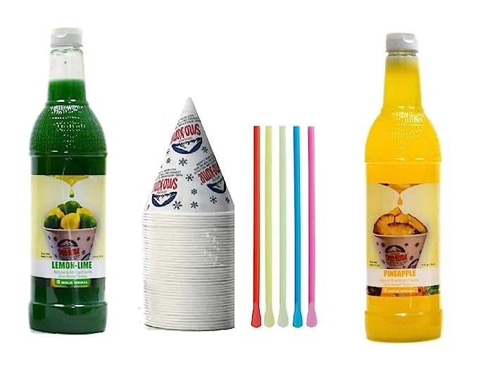 Kit de cônes de neige - Lot de bouteilles de sirop, pailles-cuillères, gobelets - Fournitures pour cônes de neige pour copeaux de glace, sodas et plus