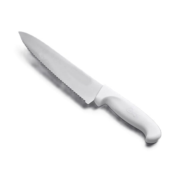 Couteau de chef, manche blanc, lame dentelée OU droite, 4 tailles au choix