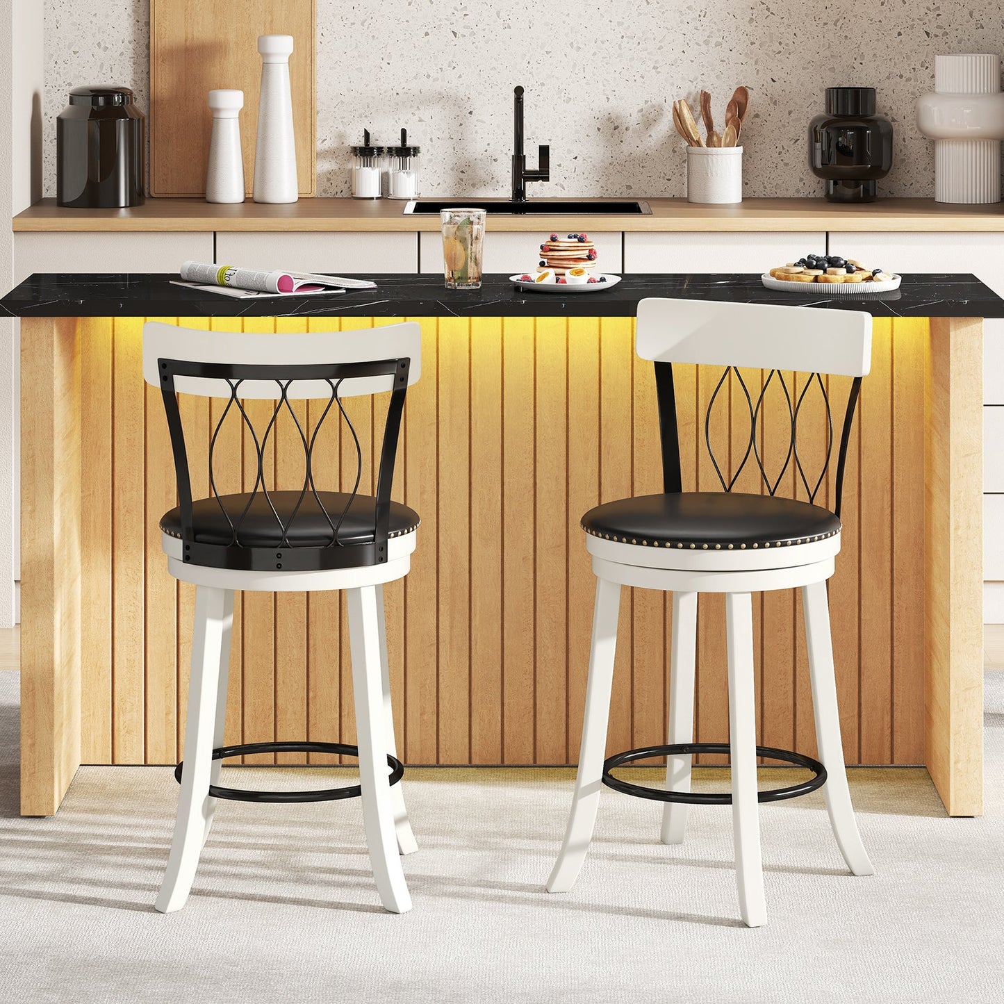 Set of 2 Bar Stools Swivel Bar Chairs with Footrest Rubber Wood Frame and Tufted Rivets