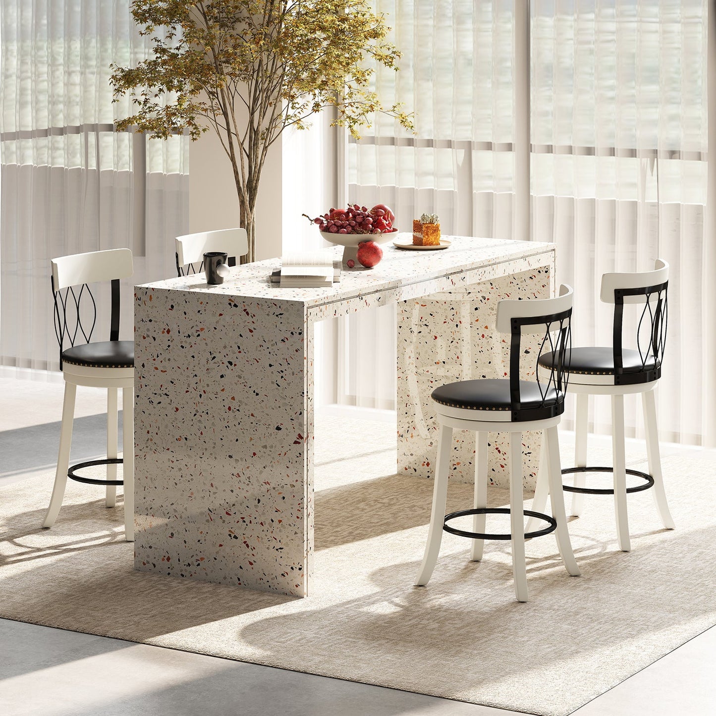 Set of 2 Bar Stools Swivel Bar Chairs with Footrest Rubber Wood Frame and Tufted Rivets